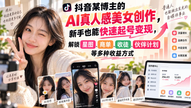 抖音某博主的AI真人感美女创作，新手也能快速起号变现，解锁星图，商单，收徒，伙伴计划等多种收益方式-佰因轻创网