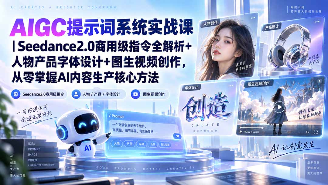 AIGC提示词系统实战课-无水印｜Seedance2.0商用级指令全解析+人物产品字体设计+图生视频创作，掌握AI内容生产方法-佰因轻创网
