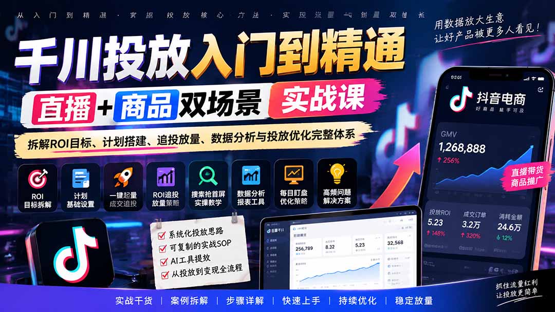千川投放入门到精通实战课｜直播+商品双场景拆解ROI目标、计划搭建、追投放量、数据分析与投放优化完整体系-佰因轻创网