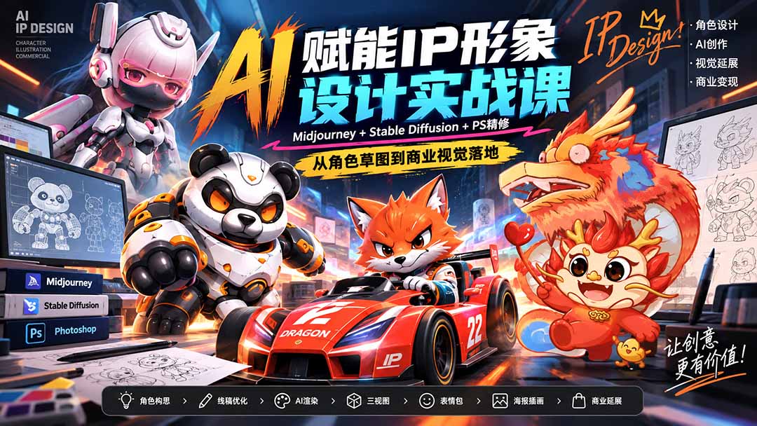 AI赋能IP形象设计实战课-无水印：Midjourney+Stable Diffusion+PS精修，从角色草图到商业视觉落地-佰因轻创网