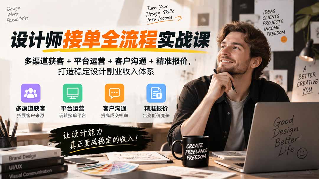 设计师接单全流程实战课-无水印|多渠道获客+平台运营+客户沟通+精准报价,打造稳定设计副业收入体系-佰因轻创网
