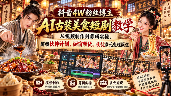 抖音4W粉丝博主AI古装美食短剧教学，从视频制作到剪辑实操，解锁伙伴计划、橱窗带货、收徒多元变现渠道-佰因轻创网