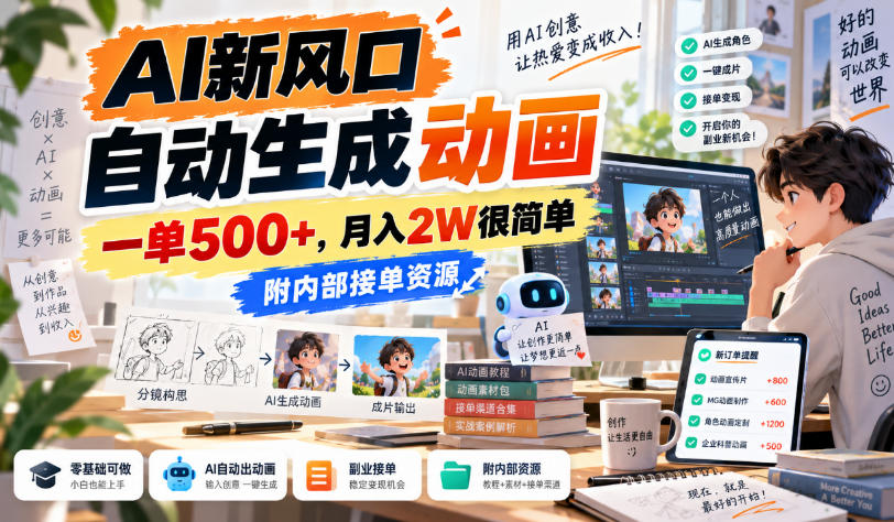 AI新风口，自动生成动画，一单500+，月入2W很简单，附内部接单资源【揭秘】-佰因轻创网