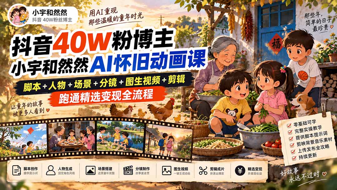 抖音40W粉博主小宇和然然AI怀旧动画课｜脚本+人物+场景+分镜+图生视频+剪辑，跑通精选变现全流程-佰因轻创网