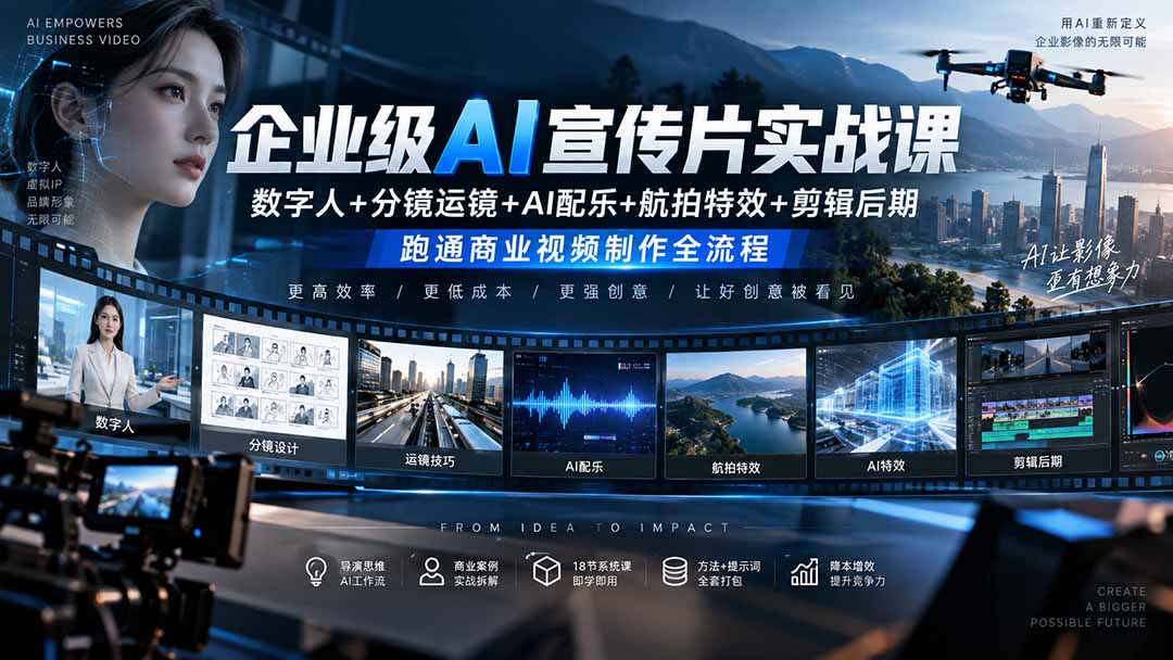 企业级AI宣传片实战课｜数字人+分镜运镜+AI配乐+航拍特效+剪辑后期，跑通商业视频制作全流程-佰因轻创网
