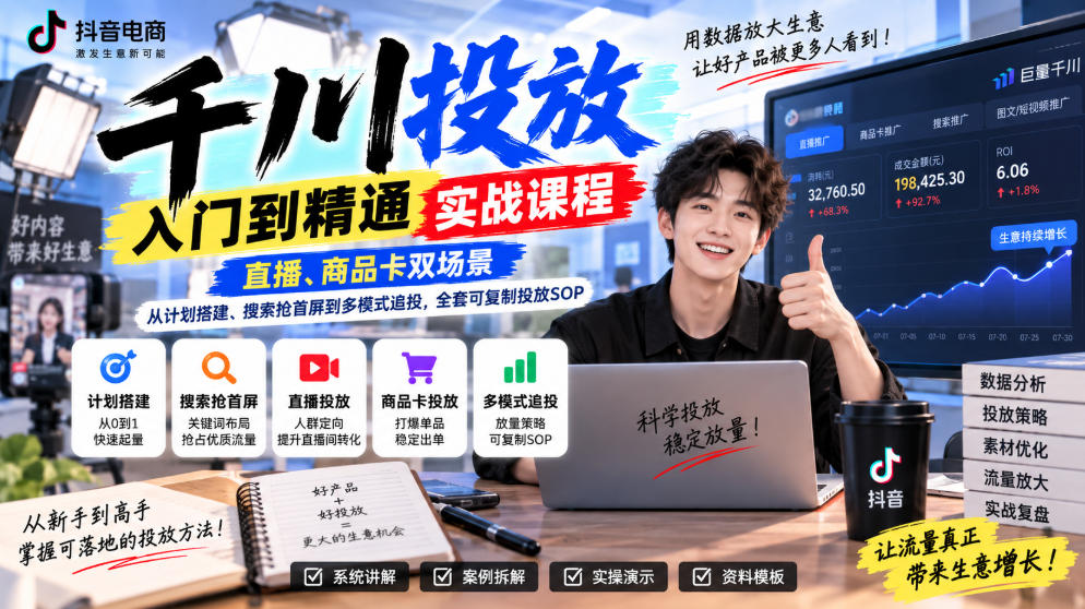 千川投放入门到精通实战课程，直播、商品卡双场景，从计划搭建、搜索抢首屏到多模式追投，全套可复制投放SOP-佰因轻创网