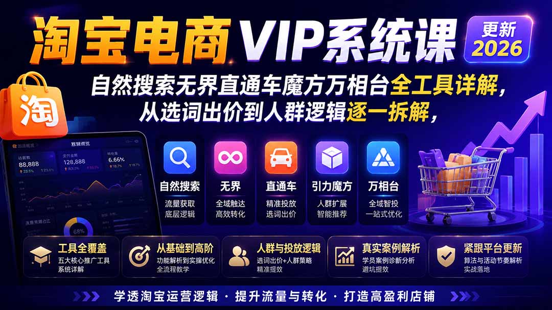 2026淘宝电商终局之战VIP课-更新0920:自然搜索+直通车+无界+精准人群,系统掌握测款动销与全店推广布局方法-佰因轻创网