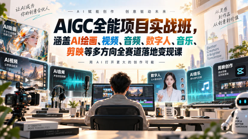 AIGC全能项目实战班，涵盖AI绘画、视频、音频、数字人、音乐、剪映等多方向全赛道落地变现课(更新)-佰因轻创网