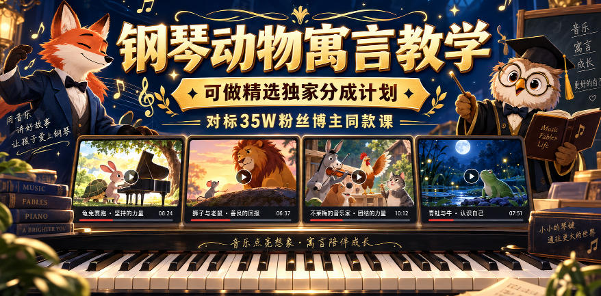 钢琴动物寓言教学,可做精选独家分成计划,对标35W粉丝博主同款课-佰因轻创网