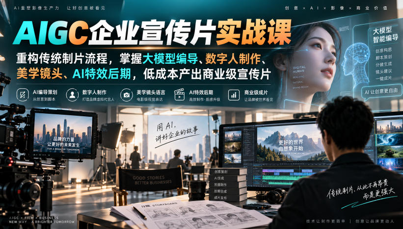 AIGC企业宣传片实战课，重构传统制片流程，掌握大模型编导、数字人制作、美学镜头、AI特效后期，低成本产出商业级宣传片-佰因轻创网