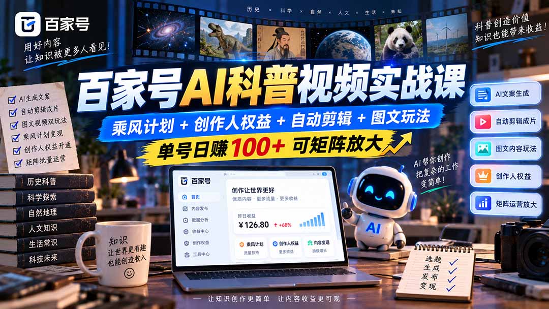 百家号AI科普视频实战课：乘风计划+创作人权益+自动剪辑+图文玩法，单号日赚100+可矩阵放大-佰因轻创网