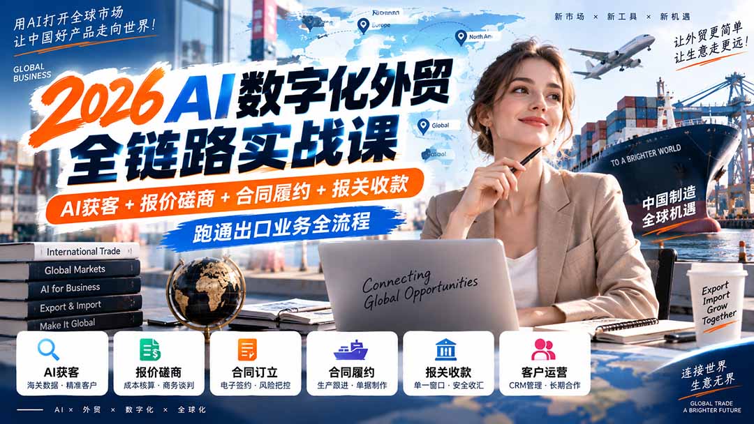 2026AI数字化外贸全链路实战课：AI获客+报价磋商+合同履约+报关收款，跑通出口业务全流程-佰因轻创网