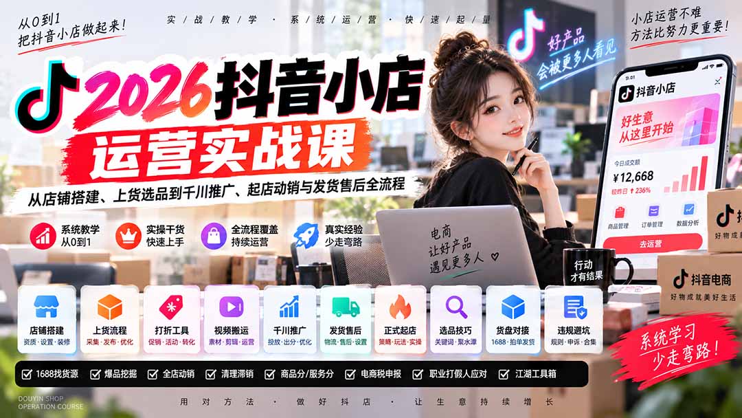 2026抖音小店运营实战课|从店铺搭建、上货选品到千川推广、起店动销与发货售后全流程-佰因轻创网