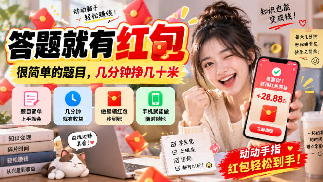 答题就有红包，很简单的题目，几分钟挣几十块，学生党上班族宝妈都可以玩【揭秘】-佰因轻创网