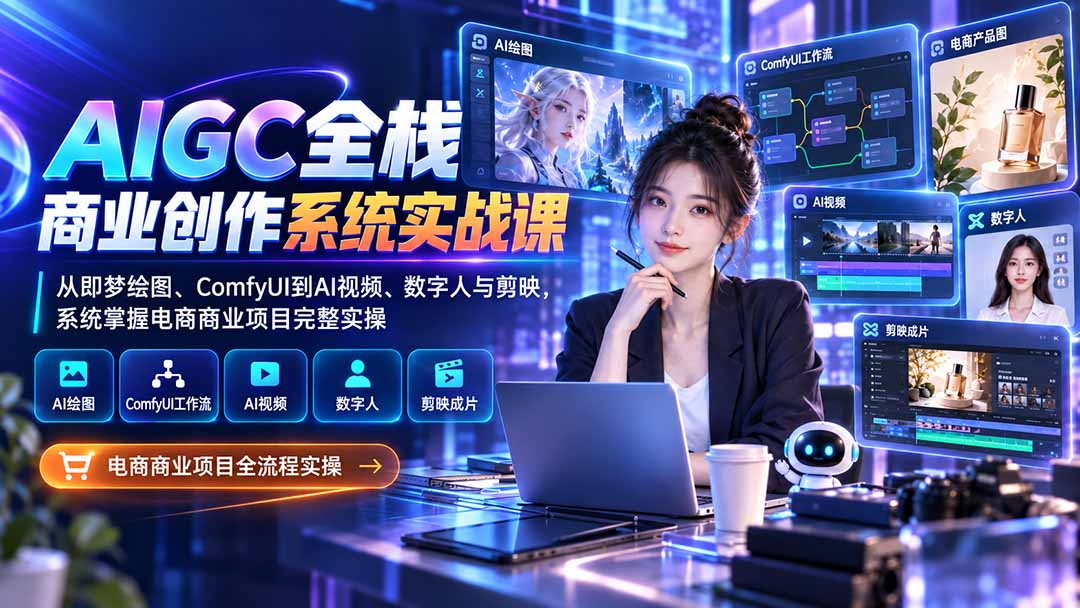 AIGC全栈商业创作系统实战课-无水印：从即梦绘图、ComfyUI到AI视频、数字人与剪映，系统掌握电商商业项目完整实操-佰因轻创网