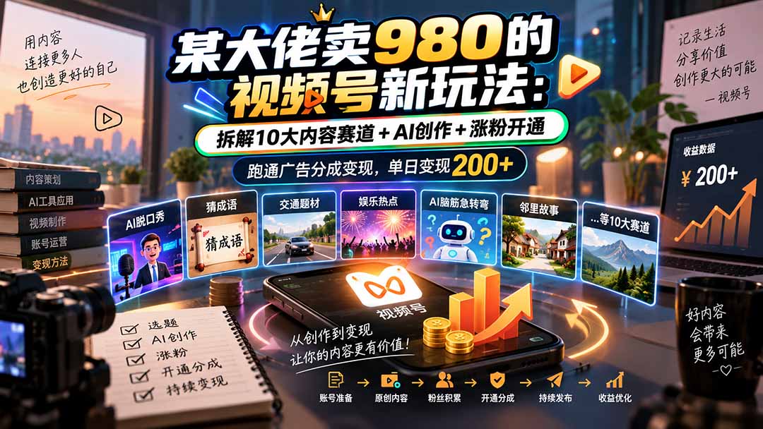 某大佬卖980的视频号新玩法：拆解10大内容赛道+AI创作+涨粉开通，跑通广告分成变现，单日变现200+-佰因轻创网
