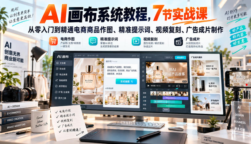 AI画布系统教程，7节实战课从零入门到精通电商商品作图、精准提示词、视频复刻、广告成片制作-佰因轻创网
