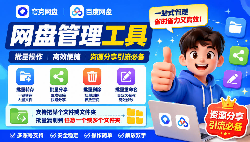 夸克网盘批量文件重命名，批量转存、批量分享、批量复制，内置AI功能-佰因轻创网