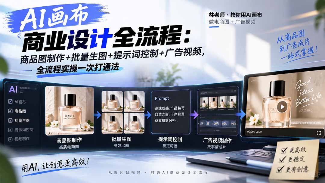 AI画布商业设计全流程：商品图制作+批量生图+提示词控制+广告视频，全流程实操一次打通法-佰因轻创网