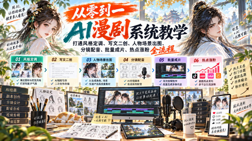 从零到一AI漫剧系统教学，打通风格定调、写文二创、人物场景出图、分镜配音、批量成片、热点涨粉全流程-佰因轻创网