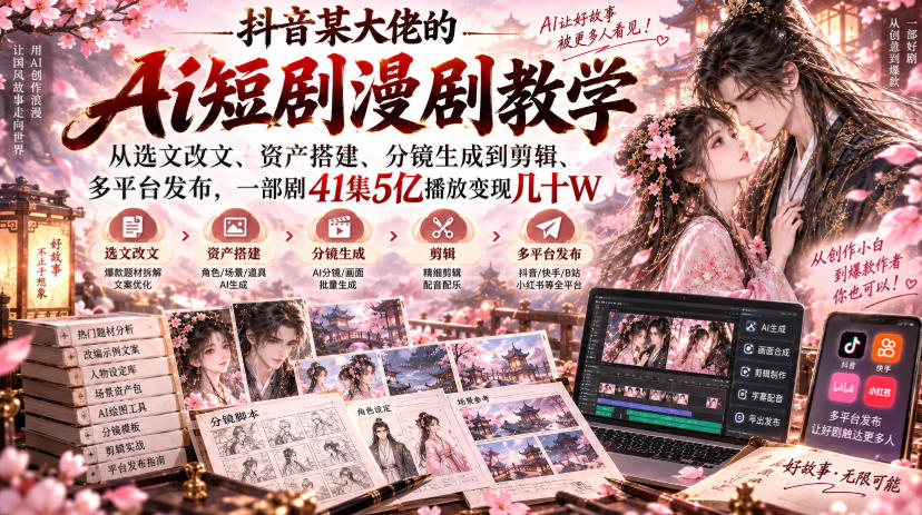 抖音某大佬的Ai短剧漫剧教学，从选文改文、资产搭建、分镜生成到剪辑、多平台发布，一部剧41集5亿播放变现几十W-佰因轻创网