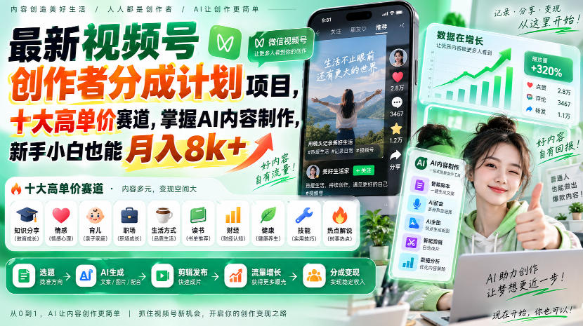 最新视频号创作者分成计划项目，十大高单价赛道，掌握AI内容制作，新手小白也能月入8k+-佰因轻创网