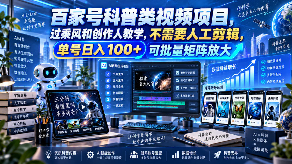 百家号科普类视频项目,过乘风和创作人教学,不需要人工剪辑,单号日入100+可批量矩阵放大-佰因轻创网