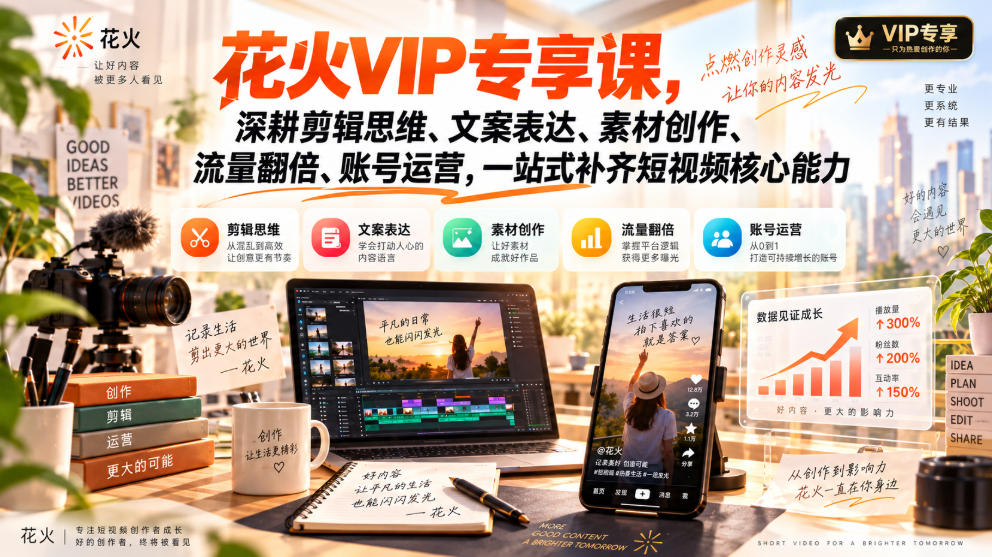 花火VIP专享课，深耕剪辑思维、文案表达、素材创作、流量翻倍、账号运营，一站式补齐短视频核心能力-佰因轻创网