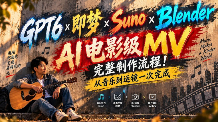GPT6×即梦×Suno×Blender｜AI电影级MV完整制作流程！从音乐到运镜一次完成！-佰因轻创网