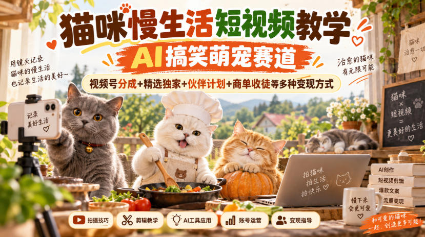 猫咪慢生活短视频教学，AI搞笑萌宠赛道，视频号分成+精选独家+伙伴计划+商单收徒等多种变现方式-佰因轻创网