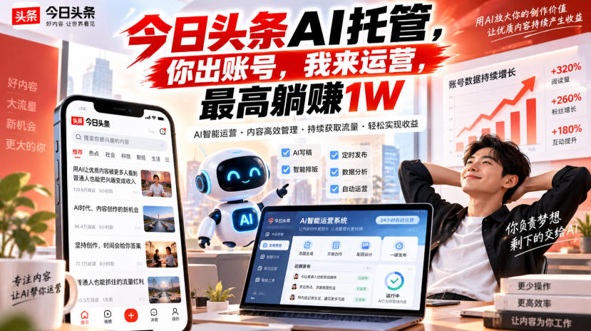 今日头条AI托管，你出账号，我来运营，最高躺賺1W【揭秘】-佰因轻创网