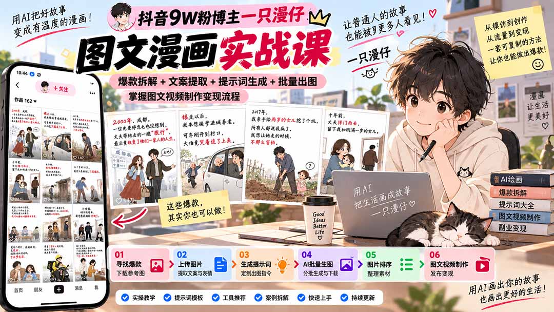 抖音9W粉博主一只漫仔图文漫画课:爆款拆解+文案提取+提示词生成+批量出图,掌握图文视频制作变现流程-佰因轻创网