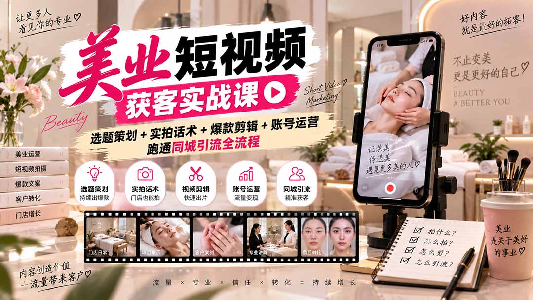 美业短视频获客实战课-无水印：选题策划+实拍话术+爆款剪辑+账号运营，跑通同城引流全流程-佰因轻创网