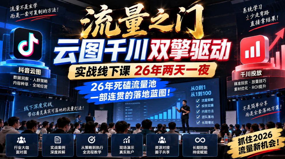 流量之门-云图千川双擎驱动实战线下课26年两天一夜，26年死磕流量池一部连贯的落地蓝图!-佰因轻创网