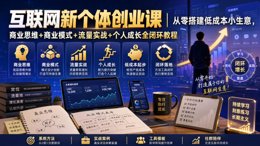 互联网新个体创业课｜从零搭建低成本小生意，商业思维+商业模式+流量实战+个人成长全闭环教程(更新0922)-佰因轻创网