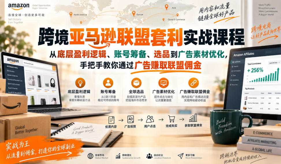 跨境亚马逊联盟套利实战课程,从底层盈利逻辑、账号筹备、选品到广告素材优化,手把手教你通过广告賺取联盟佣金-佰因轻创网
