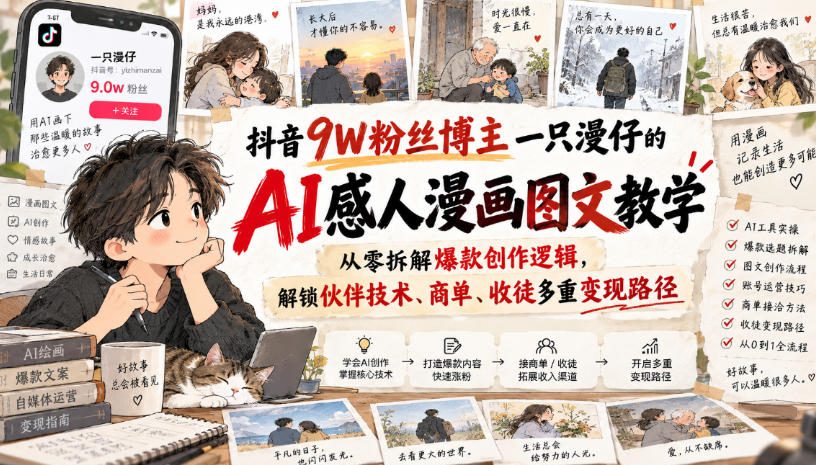 抖音9W粉丝博主一只漫仔的AI感人漫画图文教学，从零拆解爆款创作逻辑，解锁伙伴技术、商单、收徒多重变现路径-佰因轻创网