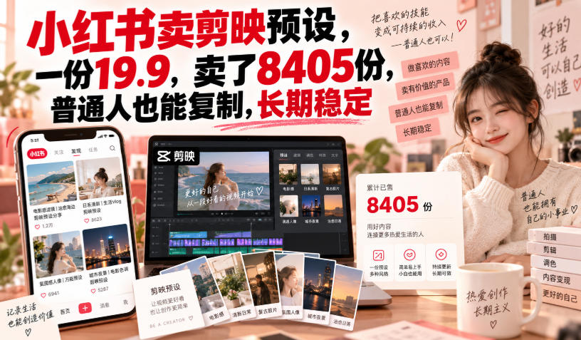 小红书卖剪映预设,一份19.9,卖了8405份,普通人也能复制,长期稳定-佰因轻创网