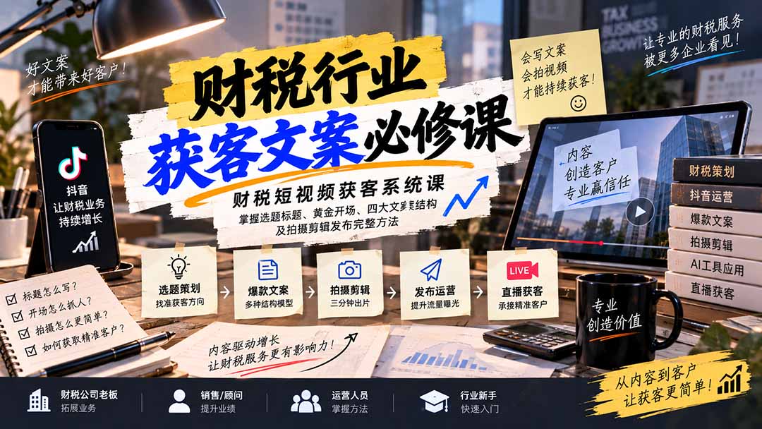 财税短视频获客系统课：掌握选题标题、黄金开场、四大文案结构及拍摄剪辑发布完整方法-佰因轻创网