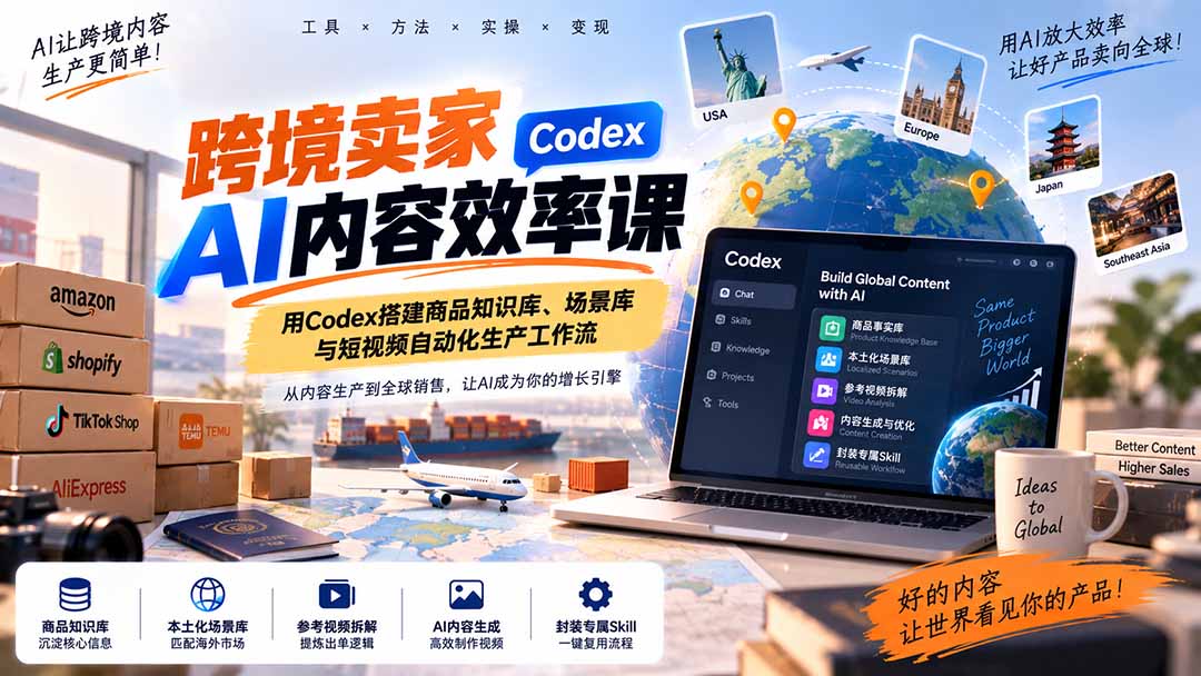 跨境卖家AI内容效率课：用Codex搭建商品知识库、场景库与短视频自动化生产工作流-佰因轻创网