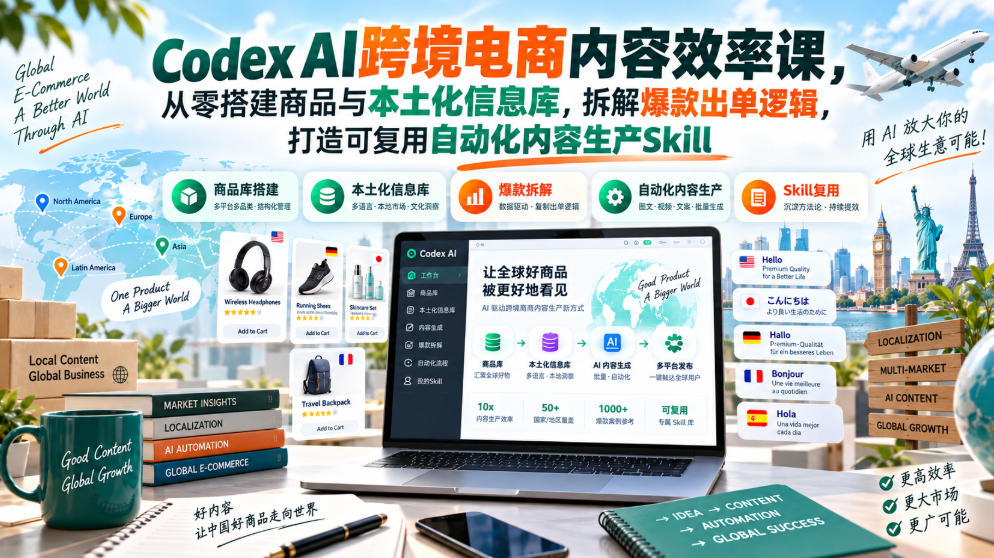 Codex AI跨境电商内容效率课，从零搭建商品与本土化信息库，拆解爆款出单逻辑，打造可复用自动化内容生产Skill-佰因轻创网