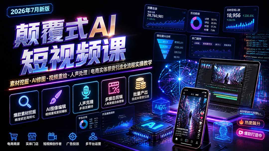 颠覆式AI短视频课-更新｜素材挖掘，AI修图，视频重绘，人声处理｜电商实体带货引流全流程实操教学-佰因轻创网