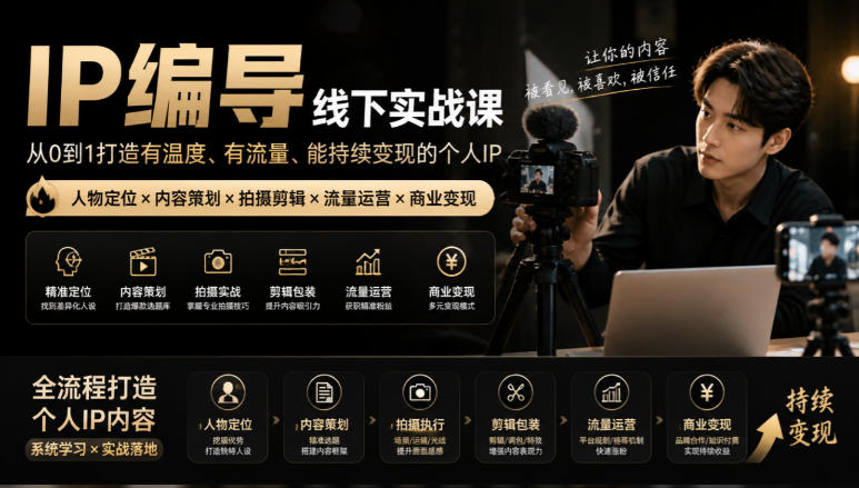 【无水印】IP编导线下实战课，从人物定位到短视频拍摄剪辑，全流程打造有温度、有流量、能持续变现的个人IP内容-佰因轻创网