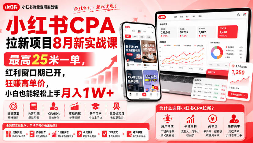 小红书CPA拉新项目8月新实战课，最高25米一单，红利窗口期已开，狂賺高单价，小白也能轻松上手月入1W+(更新0923)-佰因轻创网