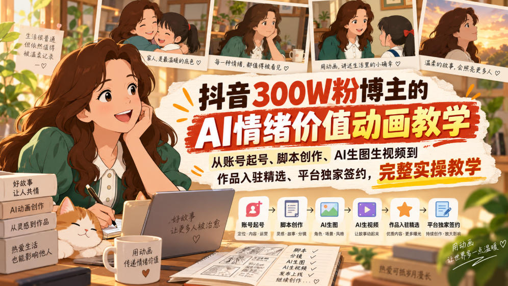 抖音300W粉博主的AI情绪价值动画教学,从账号起号、脚本创作、AI生图生视频到作品入驻精选、平台独家签约,完整实操-佰因轻创网