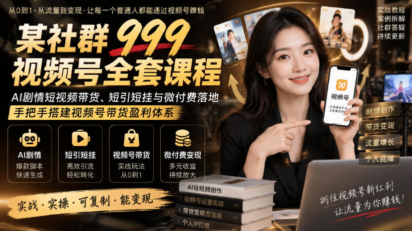 某社群999视频号全套课程，AI剧情短视频带货、短引短挂与微付费落地，手把手搭建视频号带货盈利体系-佰因轻创网