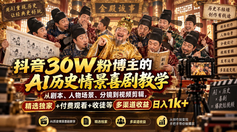 抖音30W粉博主的AI历史情景喜剧教学,从剧本、人物场景、分镜到视频剪辑,精选独家+付费观看+收徒等多渠道收益日入1k+-佰因轻创网