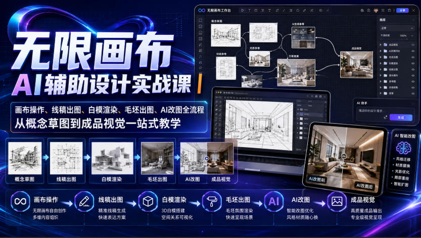 无限画布AI辅助设计实战课｜画布操作、线稿出图、白模渲染、毛坯出图、AI改图全流程，从概念草图到成品视觉一站式教学(更新0923)-佰因轻创网