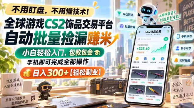 全球游戏CS2饰品交易平台自动批量捡漏賺米，小白轻松入门，包教包会，手机即可完成全部操作，日入300+【揭秘】-佰因轻创网