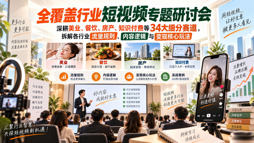 短视频专题研讨会，深耕美业、餐饮、房产、知识付费等34大细分赛道，拆解各行业流量规则、内容逻辑与变现核心玩法-佰因轻创网